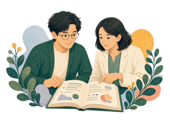 家长和老师一起查看陪伴指南的插画