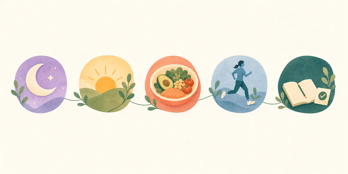 睡眠、醒来、饮食、运动和任务投入组成的日常节律循环插画